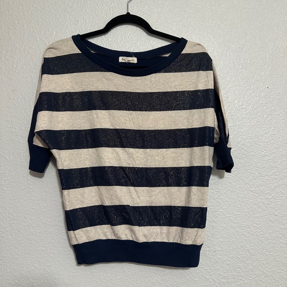 One Step Up Navy Blue Cream Striped Glitter Dolman Sleeve Knit Top Large